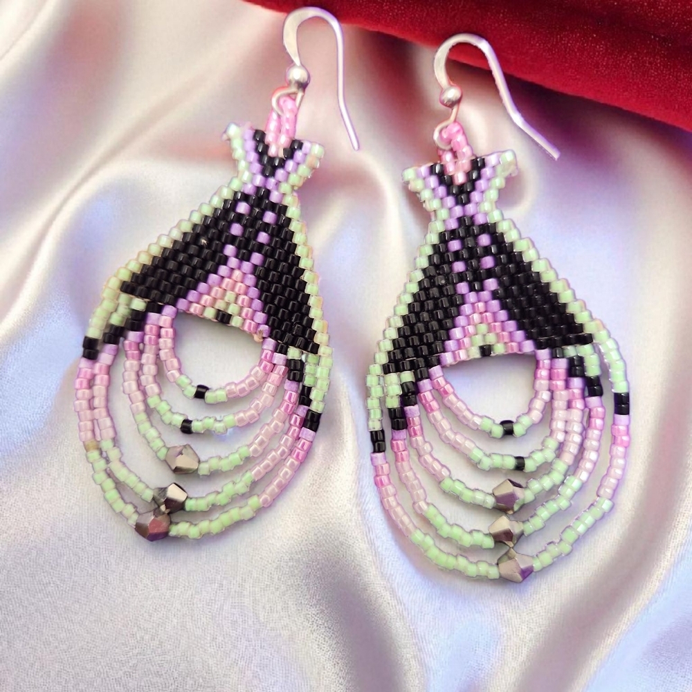 Native American Beaded Earrings Black, Green, Purple, Pink - Picture 9 of 10